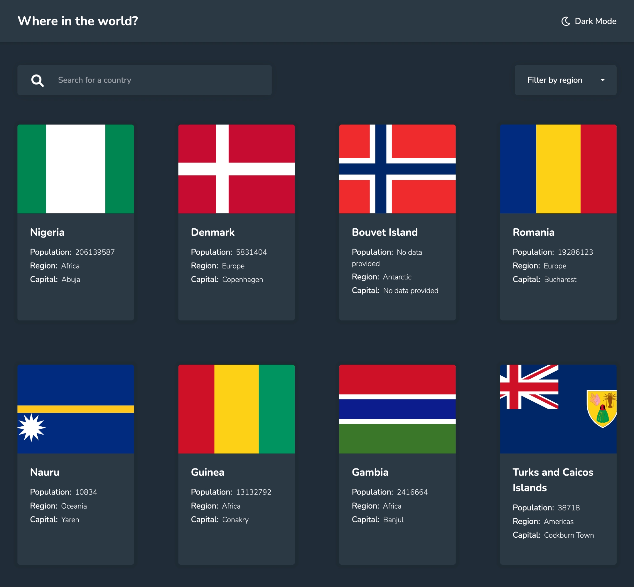 Screenshot of the desktop version of the Countries App, a web application that allows users to search for countries and learn more about them