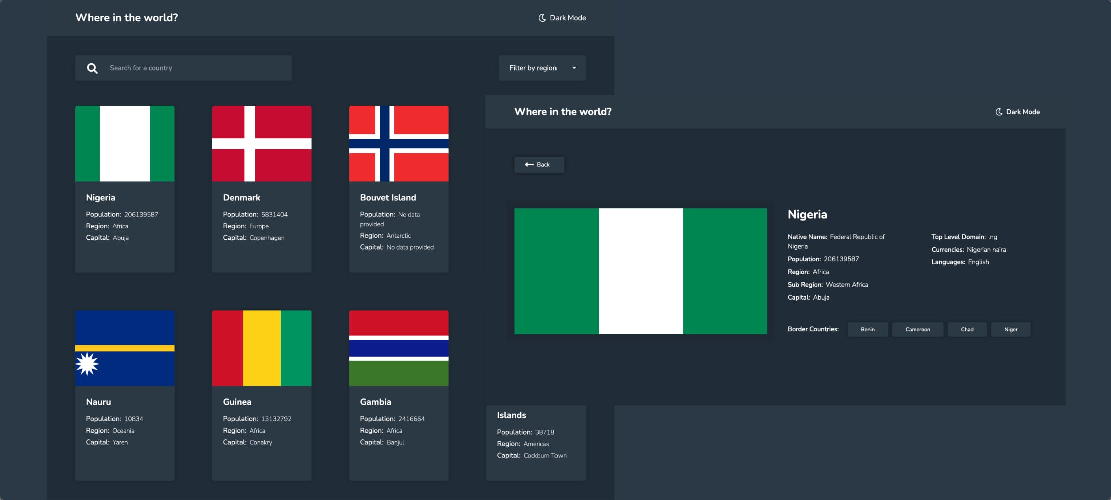 A collage of screenshots highlighting the desktop version of the REST Countries API web application, featuring multiple cards of information about each country and a search bar
